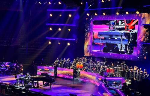 stevie wonder on stage with a band